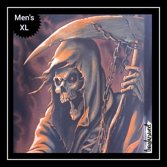GRIM REAPER WITH SICKLE & CHAINS WITH SKULL LEAVING GRIM REAPER TEE Y2K GOTH - Picture 1 of 12